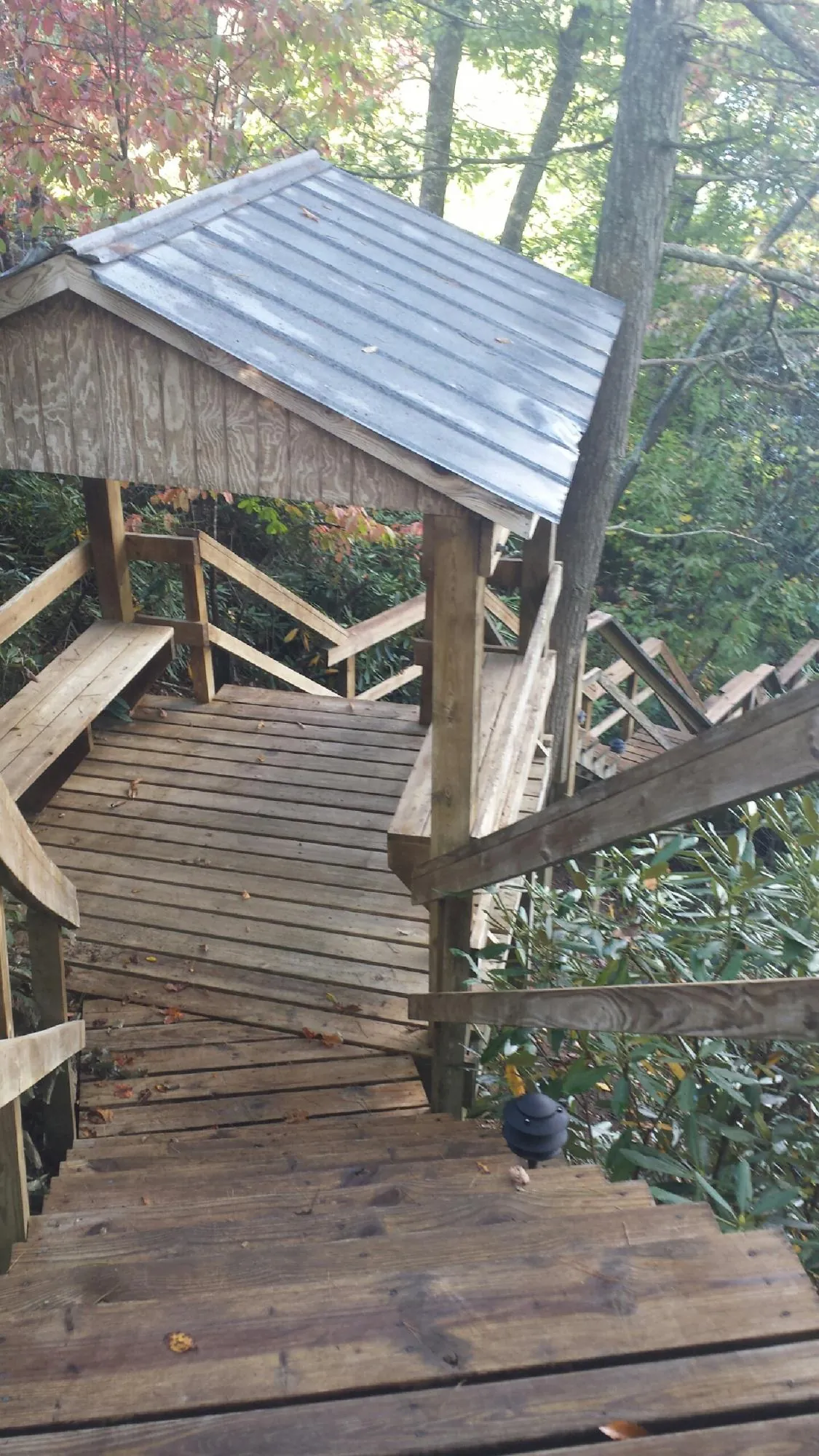 Metal roofed shelter over wooden steps on a wooded walkway — Skylight Repair & Installation work by our crew in Point Reyes Station